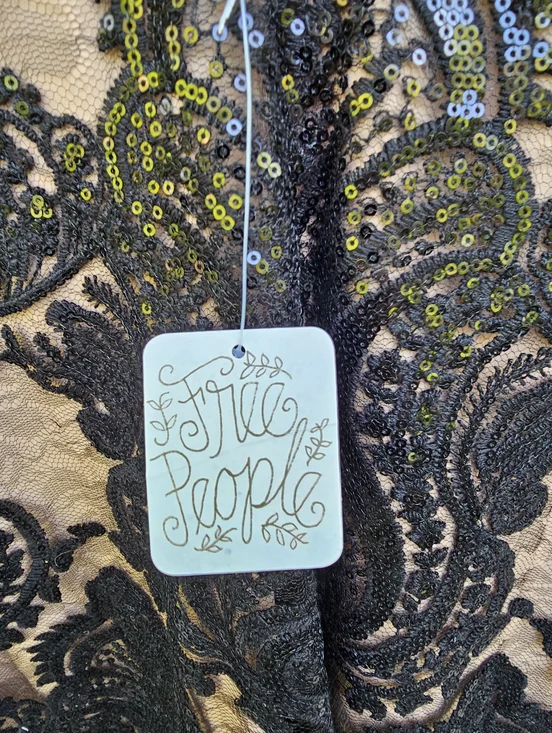 Free People Black Lace Sequin Slip Dress Size 12 Nude Sheer Party Mini - Picture 5 of 6